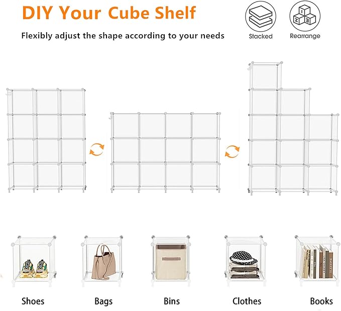 AWTATOS Cube Storage Organizer, Closet Organizers and Storage, 12 Cube Shelves Bookshelf, DIY Stackable Plastic Clothes Organizer Shelving for Bedroom, Home, Transparent Twill