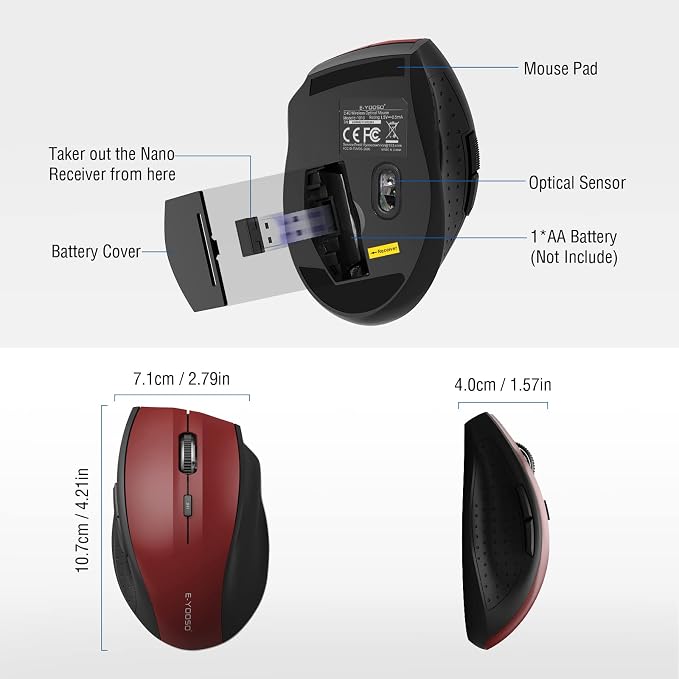 E-YOOSO Wireless Mouse for Laptop, Portable Optical Computer Mouse, 6 Buttons, Cordless 2.4GHz with USB Receiver, 5-Level 4800 DPI, 18 Months Battery Life, for PC, Chromebook, Windows, Mac(Red)