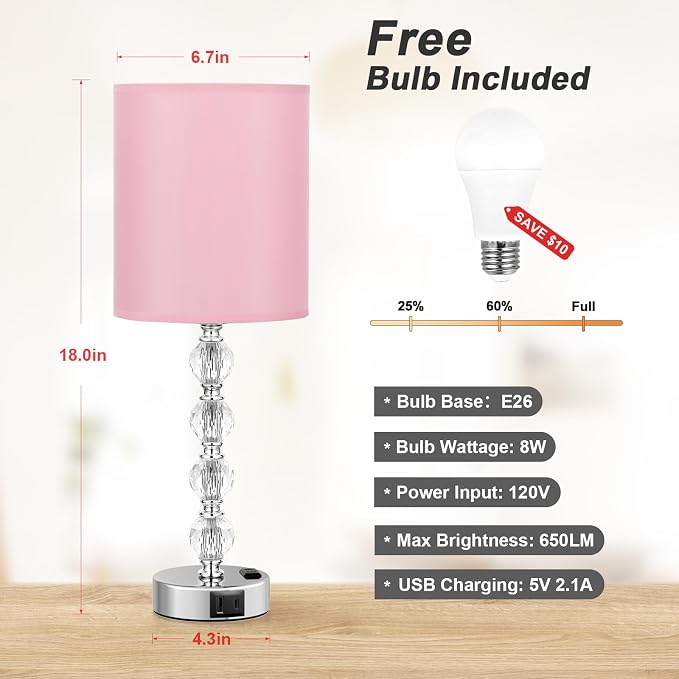 Touch Bedside Crystal Lamps for Bedrooms Nightstand with USB C+A Charging Port and AC Outlet White, 3 Way Dimmable Silver Large End Side Table Lamp for Living/Guest/Dinning Room/Kitchen