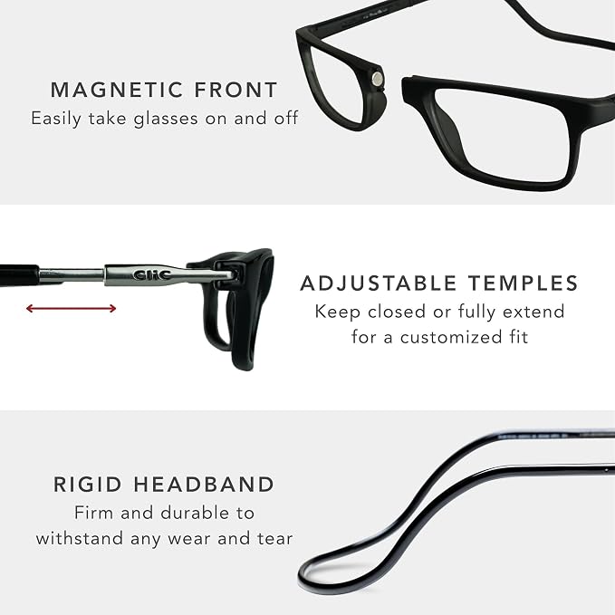 Clic Magnetic Reading Glasses - Adjustable Neck Hanging Readers - Secure Fit with Rigid Headband - Original (S-M, Blue, 1.50)