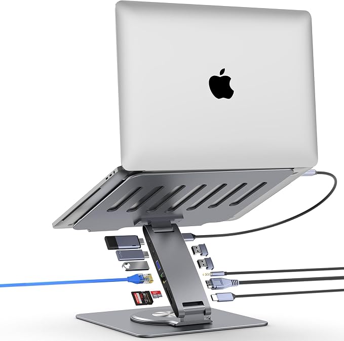 Adjustable Laptop Stand for Desk with Docking Station 11-in-1, Aluminum Laptop Riser with USB Hub 360°Swivel Dual Display 4K60Hz HDMI Gigabit Ethernet USB3.0 PD100W for MacBook Pro Air/Dell/HP 7-15.6"