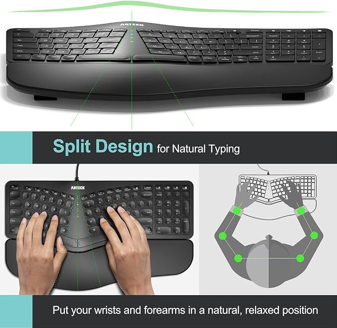 Arteck Ergonomic USB Wired Keyboard with Cushioned Wrist & Palm Rest, Backlit 7 Colors & Adjustable Brightness Comfortable Natural Split Keyboard with 6 Feet Wire for Windows Computer Desktop Laptop