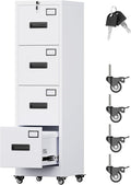 Aobabo 4 Drawer Filing Cabinet with Wheels, Lockable Metal File Cabinet with Name Card for Office and Home,Required Assembly,White