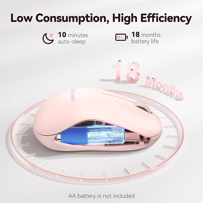TECKNET Wireless Mouse for Laptop, 2.4G Silent Computer Mouse Quiet Click with 5 DPI Levels,Contoured Grip,Small Portable 30 Months Battery Cordless Mice for PC, Chromebook, Mac - Pink