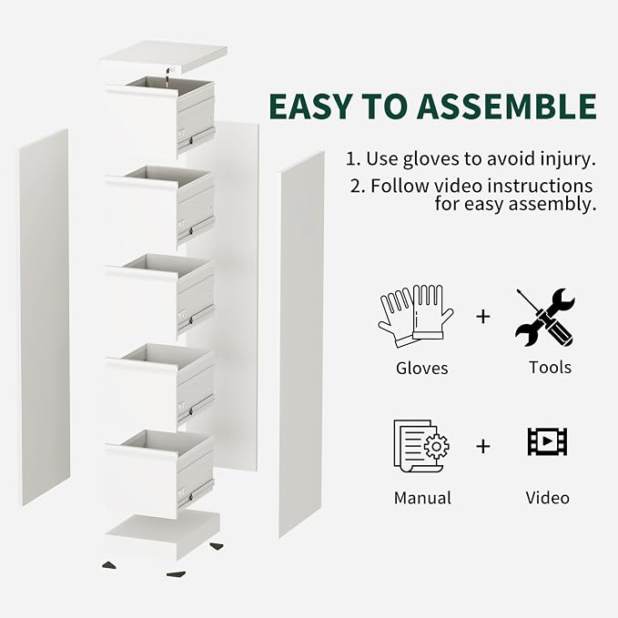 5 Drawer File Cabinet with Lock, Metal Vertical File Cabinets for Home Office, Office Furniture for Organization Hanging Legal/Letter/A4, Office File Cabinet Storage Cabinet, Require Assembly, White