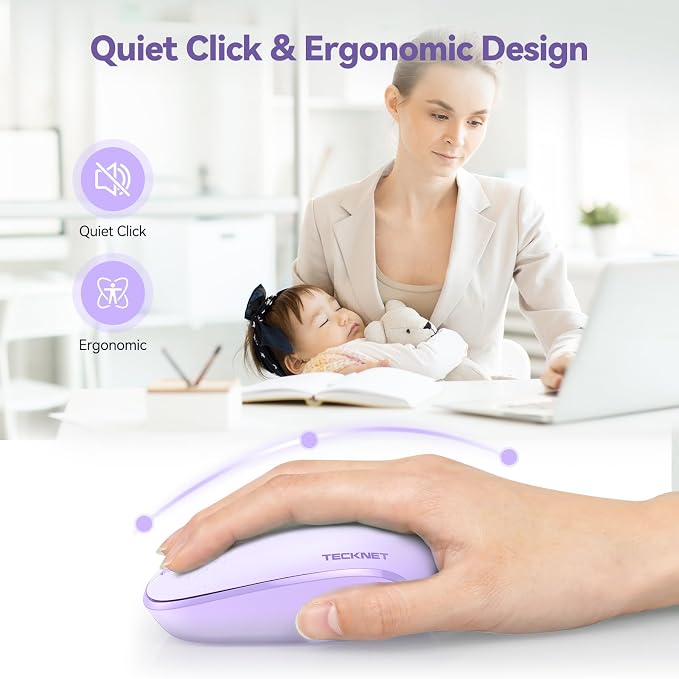TECKNET Wireless Mouse, 2.4G Quiet Computer Mouse with USB Receiver, 4 Buttons Portable Cordless Mice for Chromebook, Laptop, PC, Mac, 800/1200/1600 DPI - Purple