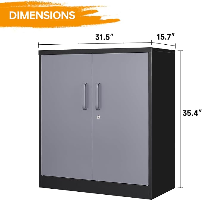 STANI Metal Storage Cabinet with 2 Adjustable Shelves Steel Counter Cabinet with Lockable Doors for Home Office