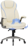 COLAMY Ergonomic High Back Office Chair, Ivory Bonded Leather Executive Desk Chair with Flip-up Arms, Thick Cushion, Silent Nylon Wheels, Adjustable Height & Rocking Function, 300lbs Capacity
