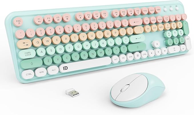 Wireless Keyboards Mouse Combos, Colorful Cute Typewriter Full-Size Retro Round Keycaps, 2.4GHz Cordless Sleep Mode Office Quiet Wireless Keyboard and Mouse Set for Desktop Laptop PC Computer