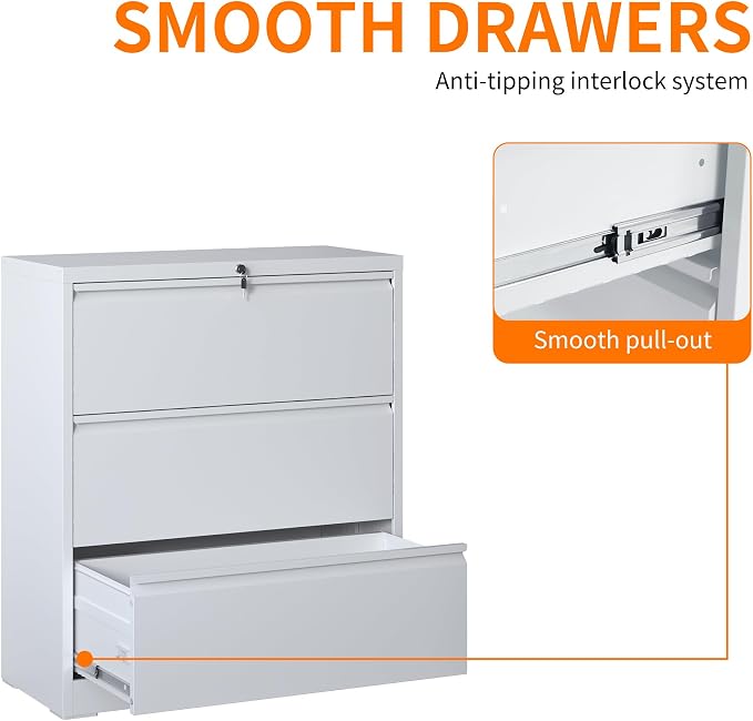Locking Filing Cabinet with 3 Drawer Heavy Duty Large Metal Cabinet Home Office Lateral File Cabinets Wide Steel Cabinets for Legal/Letter Size File,Assembly Required