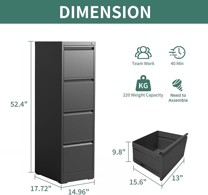 4 Drawer File Cabinet with Lock,Metal Vertical Filing Cabinets for Home Office,Heavy Duty File Storage Cabinet for Letter/Legal/A4/F4 Size File,Assembly Require (Black, Vertical 4 Drawer)