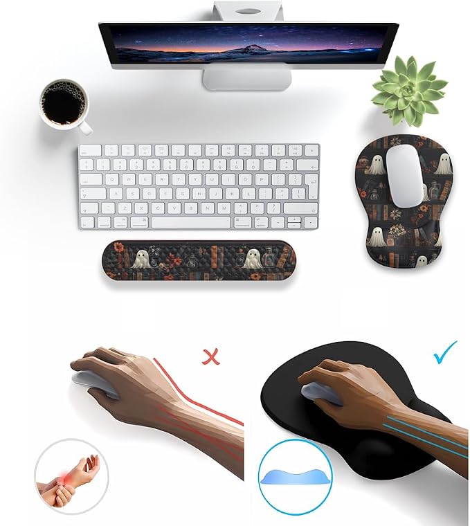 Ghost Book Mousepad with Wrist Rest Halloween Computer Keyboard Mouse Pad Black Cute, Mouse Pad with Wrist Rest for Computer Keyboard, 2 In1 Mousepad with Wrist Support Easy Typing&Relieve Wrist Pai