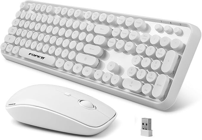 FOPETT Wireless Keyboard and Mouse Combo - 2.4G Full-Sized White Keyboard with Round Keycaps 104 Keys Typewriter Keyboard for Laptop/Windows/PC - White