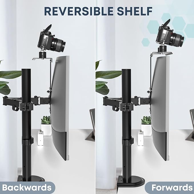 16 inch VESA Monitor Mount Shelf for Streaming - Holds Cameras, Webcams, Microphones & Lights, Height Adjustable, Fits 100×100 mm VESA Pattern, All-in-One Design (Black)