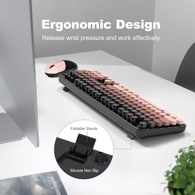 Wireless Keyboard and Mouse Combo, MOWUX Full Size Typewriter Retro Round Computer Keyboard, Cute Optical Mouse Wireless, Plug and Play, for Laptop, PC, Computer- BlackBerry Gradient