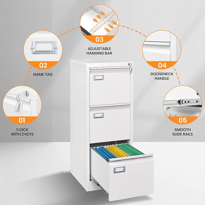 3 Drawer File Cabinet with Lock, Metal Filing Cabinets for Home Office, Vertical White Locking File Caninet, Steel Narrow Three Drawer File Cabnet for Letter/Legal / A4 / B4- Assembly Required