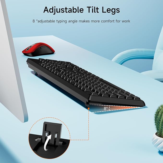 memzuoix Wireless Keyboard and Mouse Combo, 2.4G Full-Size Ergonomic Set with 1400 DPI Mouse, Lag-Free USB Receiver, 6-Month Battery Life for PC/Laptop/Windows/Mac (Black Keyboard + Red Mouse)