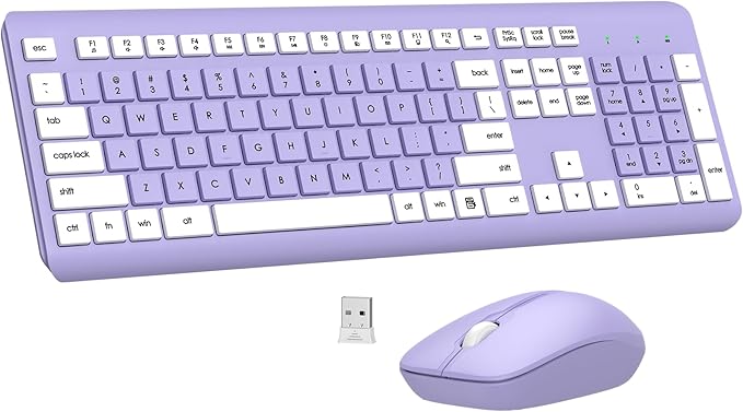 Wireless Keyboard and Mouse Combo, Full-Size Silent Ergonomic Keyboard and Optical Mouse, Long Battery Life, 2.4G Lag-Free Mice Keyboard for Computer, Mac, Laptop, PC, Windows(Purple)