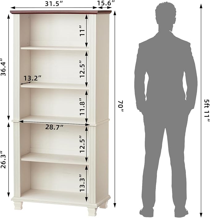SAVOR LIFE 70" Tall White Bookshelf,5 Tier Wood Book Shelf with Adjustable Shelves & Wood Legs,Free Standing Farmhouse Bookcase with Open Display Storage,Vintage Kids Bookshelves for Nursery,2PCS