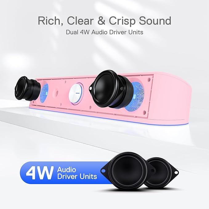Redragon GS560 RGB Desktop Soundbar, 2.0 Channel Computer Speaker with Dynamic Lighting Bar Audio-Light Sync/Display, Touch-Control Backlit with Volume Knob, USB Powered w/ 3.5mm Cable, Pink