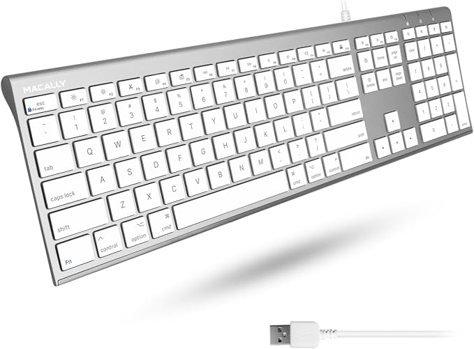 Macally Ultra Slim USB Wired Computer Keyboard - Compatible Apple Keyboard or Windows - Full Size with 20 Mac Keyboard Keys -with Numeric Keypad - Silver Aluminum Finish