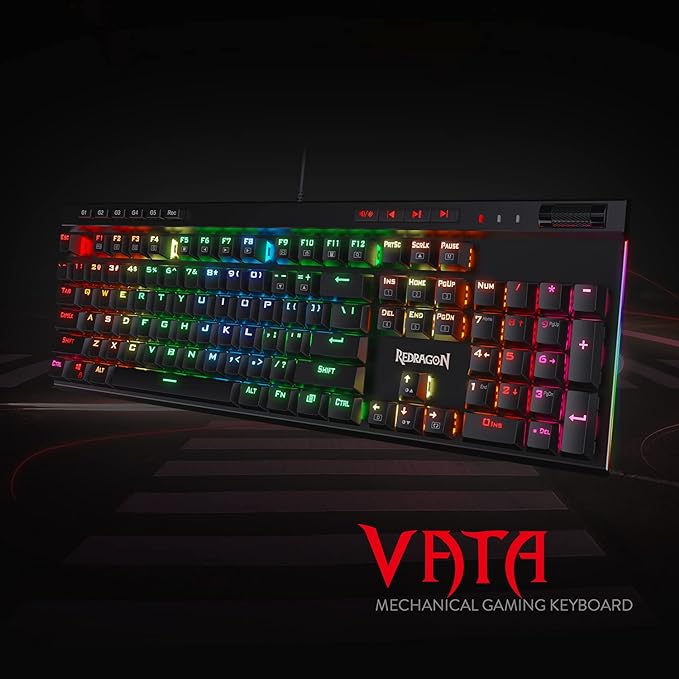 Redragon K580 VATA RGB LED Backlit Mechanical Gaming Keyboard with Macro Keys & Dedicated Media Controls, Hot-Swappable Socket, Onboard Macro Recording (Blue Switches)