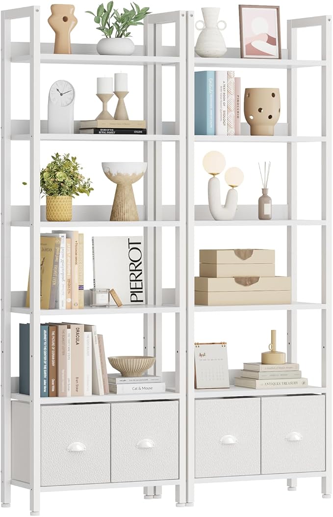 Furologee 6-Tier Bookshelf Set of 2,Tall Bookcase with 2 Drawers and Shelves, Industrial Display Free Standing Shelf Units, Storage Rack Organizer for Bedroom, Living Room, Home Office, White