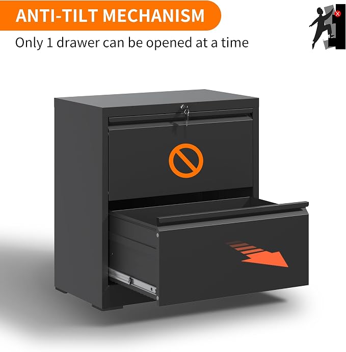 2 Drawer Locking Filing Cabinet Heavy Duty Large Metal Cabinets Black Home Office Lateral File Cabinets Wide Steel Cabinet for Legal/Letter Size File,Assembly Required