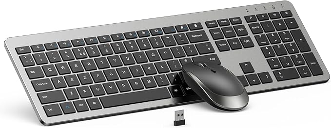 Wireless Keyboard and Mouse Combo - Full Size Slim Thin Wireless Keyboard Mouse with Numeric Keypad 2.4G Stable Connection Adjustable DPI (Grey & Black)
