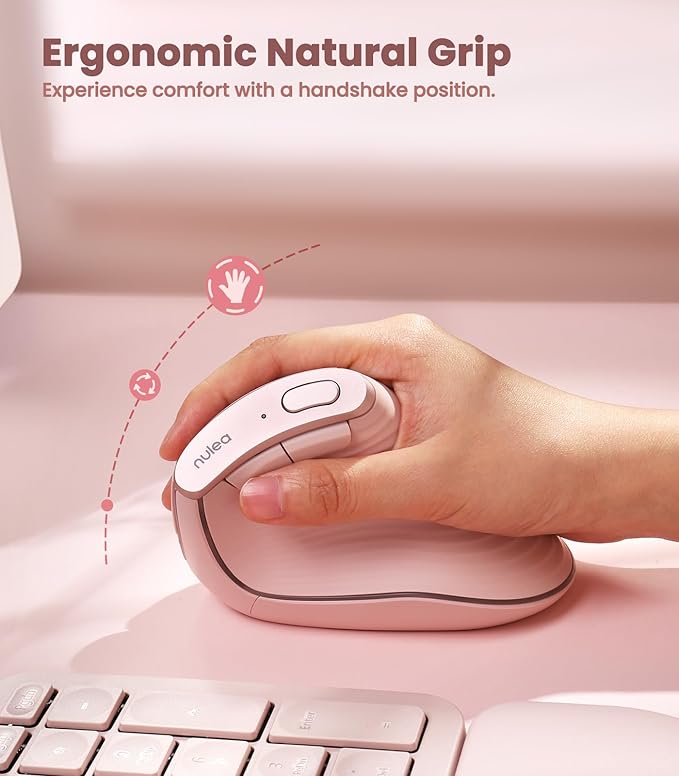 Nulea M510 Vertical Mouse Wireless, Ergonomic Mouse for Comfy Tracking, 3 Adjustable DPI (800-1200-1600), 2.4G Wireless Vertical Mouse with 6 Buttons, Compatible with Windows, Mac OS, Laptop, PC,Pink