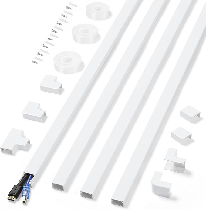 Cord Covers for Wires on Wall Extra-Long, 13.12ft TV Cord Hider Kit, Paintable Cable Management Concealer, TV Wire Hider for Wall, White Cable Raceway Channel, 4 x L39in x W0.95in x H0.55in