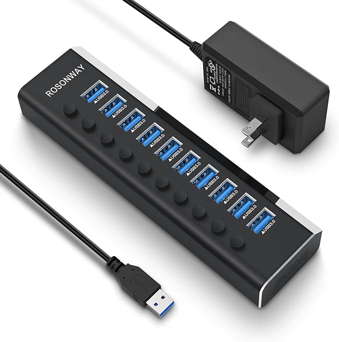 Powered USB Hub, Rosonway Aluminum 10 Port USB 3.0 Data Hub with 36W (12V/3A) Power Adapter and Individual On/Off Switches USB Splitter(RSH-A10)