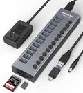 Powered USB 3.0 Hub, Wenter 13 Ports Powered USB Hub with SD/TF Card Reader, Aluminum USB Splitter with Individual On/Off Switches, 12V/3A 36W Power Adapter for PC/Laptops