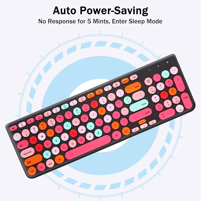 Wireless Keyboard and Mouse Combo, Retro Typewriter Keyboard with Round Keycaps, 2.4GHz USB Cute Wireless Keyboard Mouse for Computer, Desktop, Laptop and Computer (Black-Colorful)