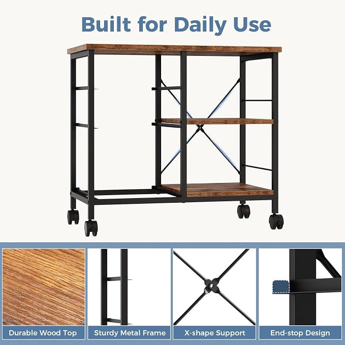 DUMOS 3-Tier Mobile File Cabinet, Printer Stand with Storage, Office Table with Drawers and Back Support Bar, Holds 110lbs for Home Office, Gray