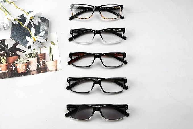 Eyekepper Men's Reading Glasses +2.25 5-Pack Includes Sunglasses | Spring Hinges - Durable Plastic Frames with Comfortable Fit & Clear Lenses, Ideal for Reading