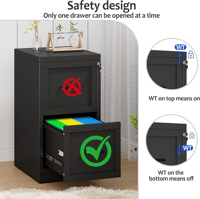 Small Metal 2-Drawer File Cabinet, Under-Desk Filing Cabinet, Black | Locking, Adjustable Hanging Rail, Fit A4, FC, Letter, Hanging File Folders for Home Office Storage Organization, 2PS