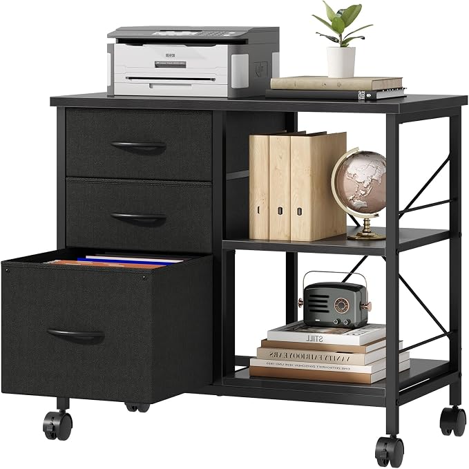 DUMOS 3 Drawer Mobile File Cabinet, Freestanding Fabric Lateral Filing Cabinet Fits A4/Letter Size, Space Saving Rolling Printer Stand with X-Frame and Open Storage Shelf for Home Office, Modern Black