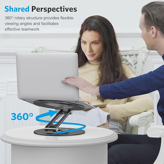 OMOTON Adjustable Laptop Stand with 360 Rotating Base, Ergonomic Laptop Riser for Collaborative Work, Dual Rotary Shaft Fully Foldable for Easy Storage, Fits All Laptops up to 16 inches, Black