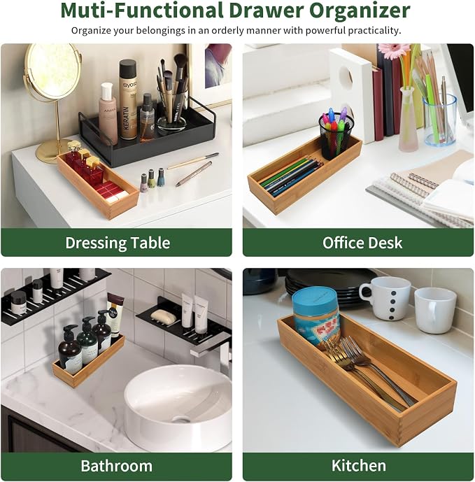 Bamboo Drawer Organizer - Kitchen Drawer Utensil Organizer Office Supplies Desk Organizer Makeup Silverware Tray Flatware Organization 12"*4"*2"