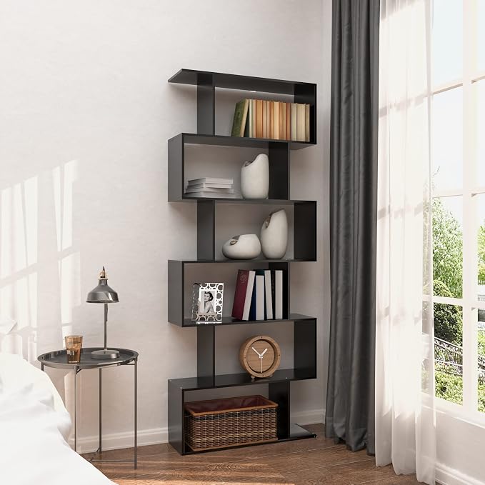Yusong Bookshelf 6-Tier, Geometric Bookcase S Shaped Book Shelves for Bedroom, Modern Wood Decorative Display Shelf Tall Book Case for Home Office, Black