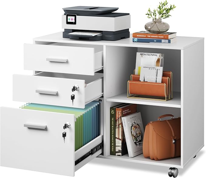 DEVAISE 3-Drawer Wood File Cabinet with Lock, Mobile Lateral Filing Cabinet, Printer Stand with Open Storage Shelves for Home Office, White