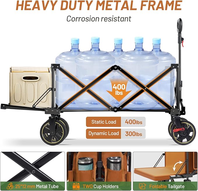 Timber Ridge 49" Extra Long Collapsible Folding Wagon with Tailgate and Brakes, 300lbs Heavy Duty Foldable Wagon with Adjustable Handle, 250L Capacity Portable Cart for Outdoor Camping Sports, Orange