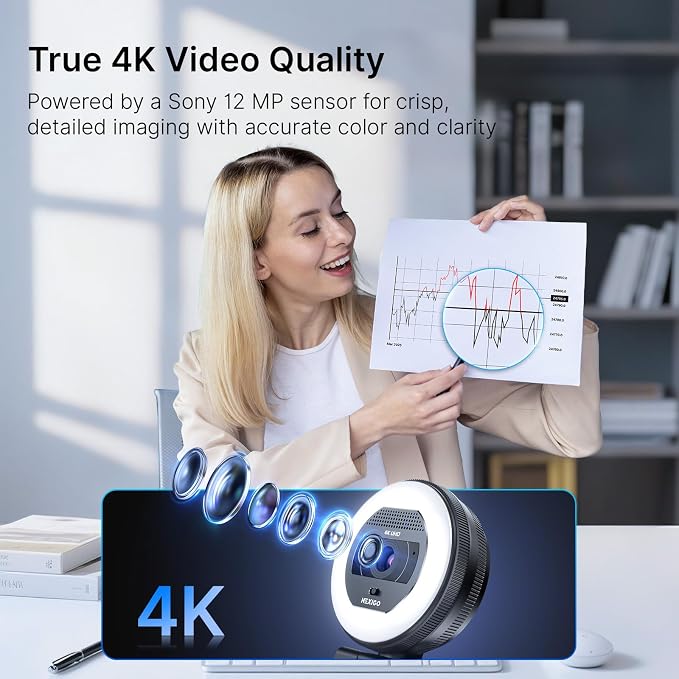 NexiGo N930E Pro, 4K Webcam with Ring Light, PDAF Autofocus, 1080P@60FPS, Dual Noise-Canceling Mics, Built-in Privacy Shutter, Web Cam for Streaming, Meeting, Gaming