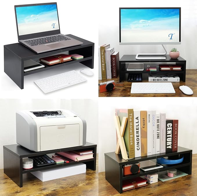TEAMIX 2 Tiers Wooden Desktop Monitor Stand Riser 20 Inch Printer Stand with Double Storage Small TV Riser Laptop Keyboard Holder Business Desk Organizer Shelf Black Bookshelf