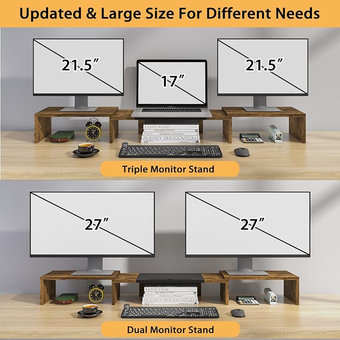 WESTREE Triple Dual Monitor Stand Riser, Extra Long Monitor Stand for 1~2~3 Monitors, Monitor Stand with Length and Angle Adjustable, 3 Shelf Desktop Storage Riser for Monitor Computer Screen Laptop