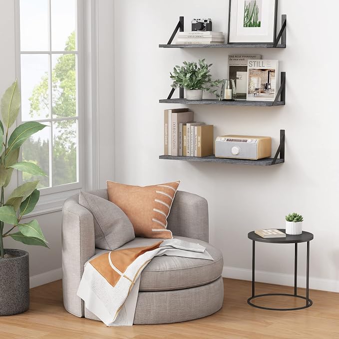 Forbena Gray Floating Shelves Wall Mounted Bookshelf Set of 3, 24 Inches Long 8 Inch Deep Wall Shelves for Bedroom, Bathroom, Living Room, Laundry Room, Kitchen, Office, Closet (Rustic Grey)