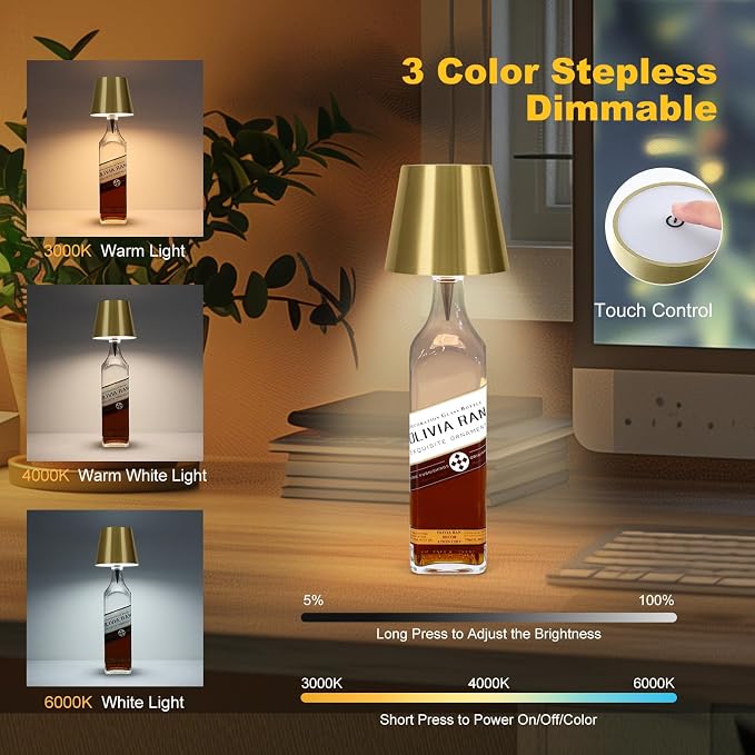 Wireless Bottle Lamp, 2026 New 3 Color Rechargeable Led Wine Bottle Lights for Bars Restaurants (Electroplated Gold Color, 1PC)