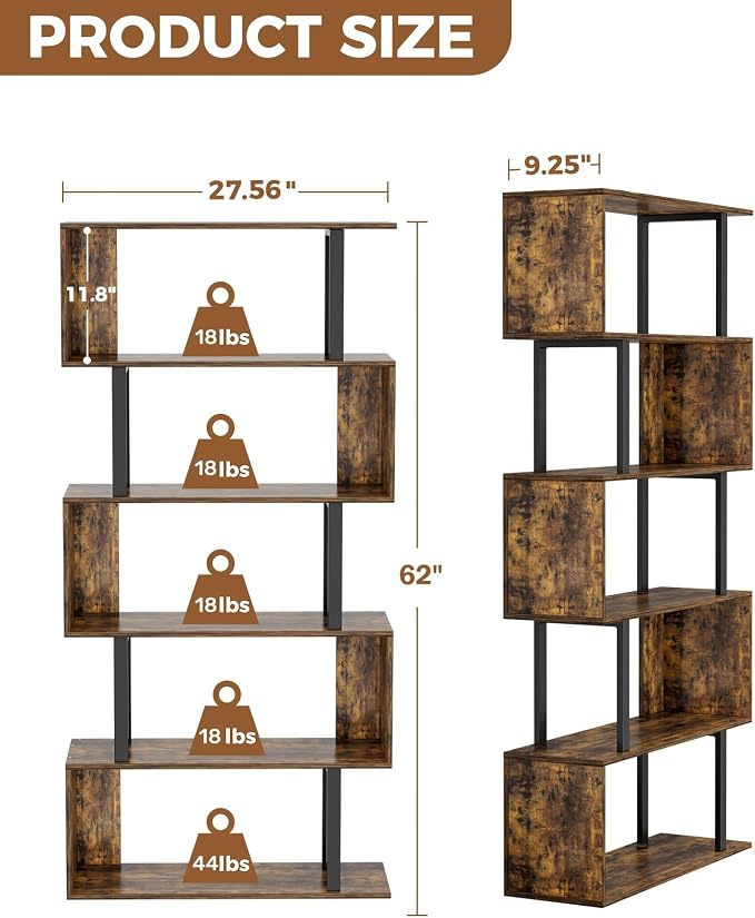 Gadroad 5-Tier Geometric Bookcase,S Shaped Bookshelf, Wood Decorative Storage Shelving, Modern Freestanding Display Shelves, Tall Book Shelf Unit for Living Room Bedroom, Rustic Brown