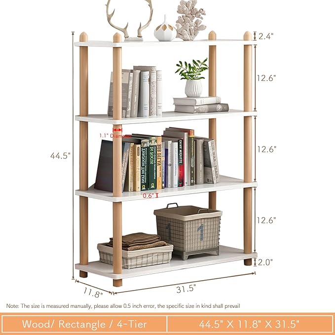 IOTXY 4-Tier Wooden Shelf Bookcase - Modern Open Bookshelf, Free Standing Storage Rack, Multifunctional Display Stand for Home and Office, White, Rectangle